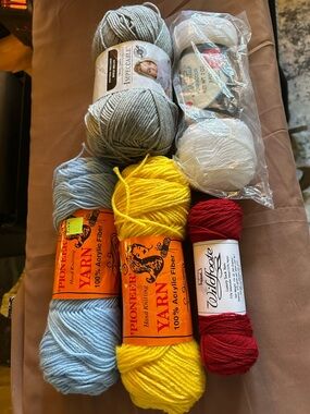 Assorted Acrylic Yarn Skeins - Yellow, Light Blue, Gray, White, Red